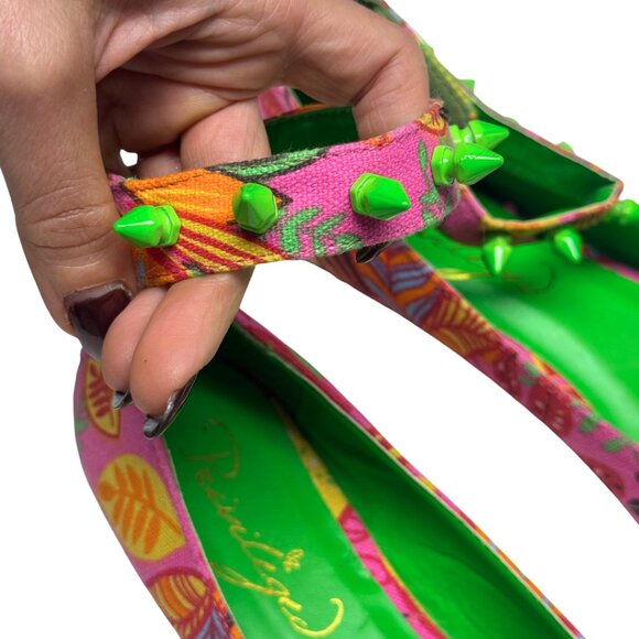Pointed Toe Floral Flats w/ Green Studded Ankle Straps Women’s 9 New - Picture 3 of 11